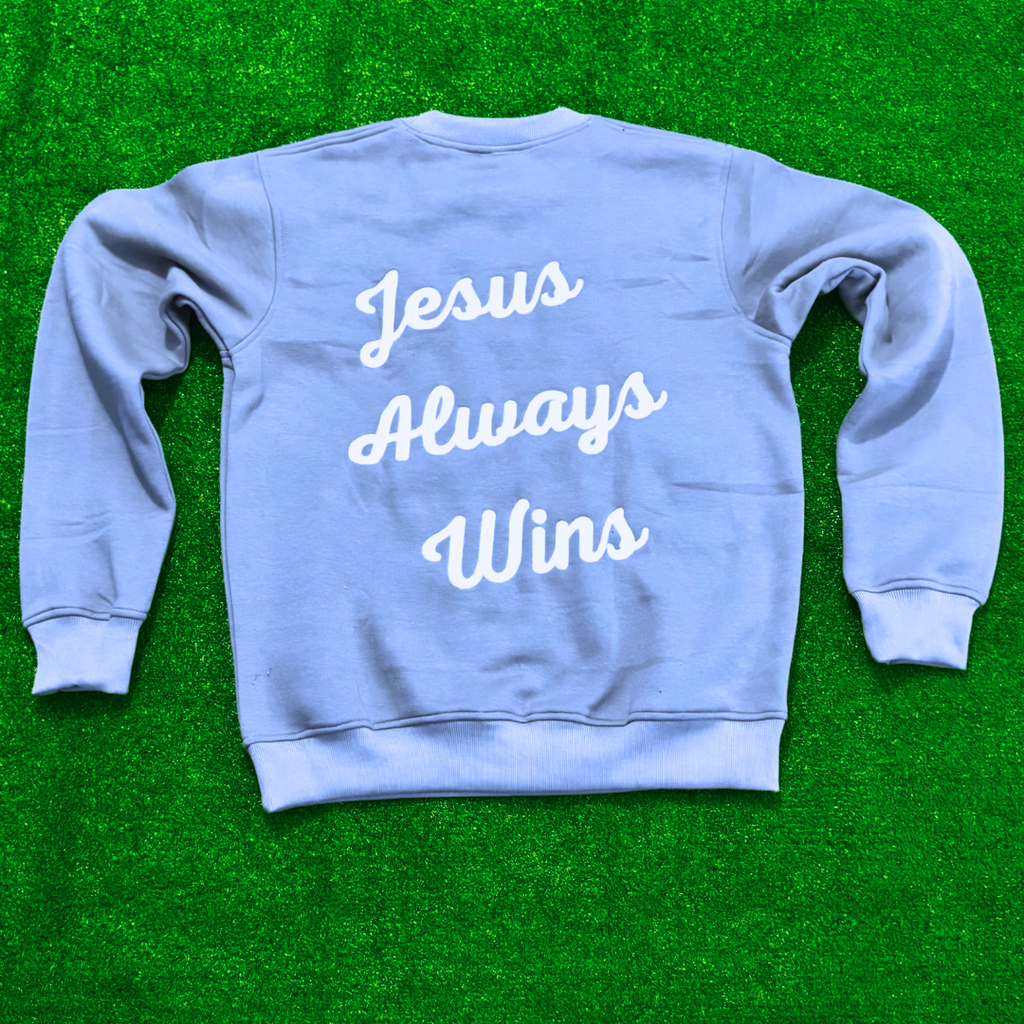 Jesus Always Wins Crewneck Sweatshirt (Blue)
